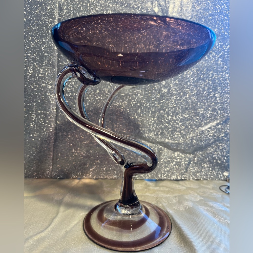 Hand made Poland Glass Purple Swirls Candy Dish.